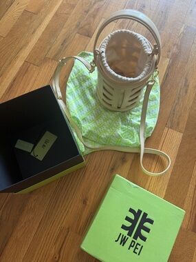 JW Pei FEI Leather Cutout Bucket Bag Beige NWT Mini Crossbody Top Handle